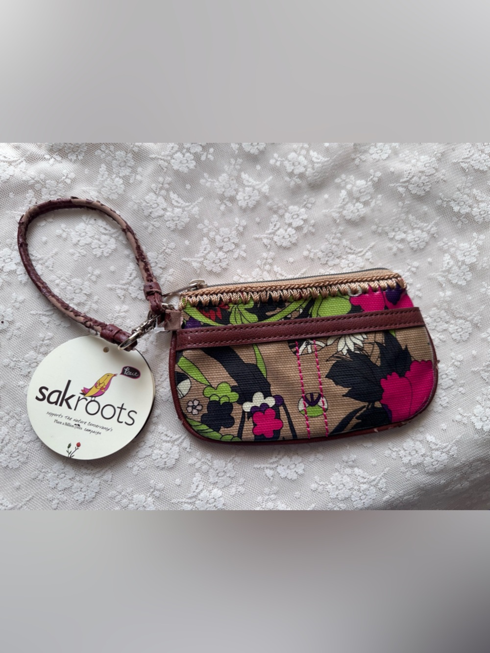 Sakroots ⚠️ Floral Wristlet Coin Purse - Brown & Pink 7 x 4 1/2 READ BELOW ⚠️